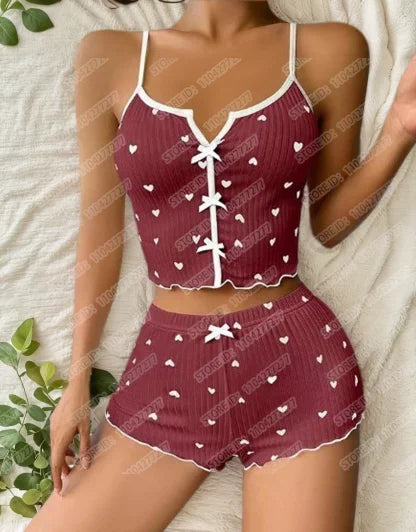 Women Sexy Sleepwear Pajamas Set Heart Print Silk Stain V-Neck Sleeveless Sexy Lingerie Casual Cami and Shorts Sets Loungewear