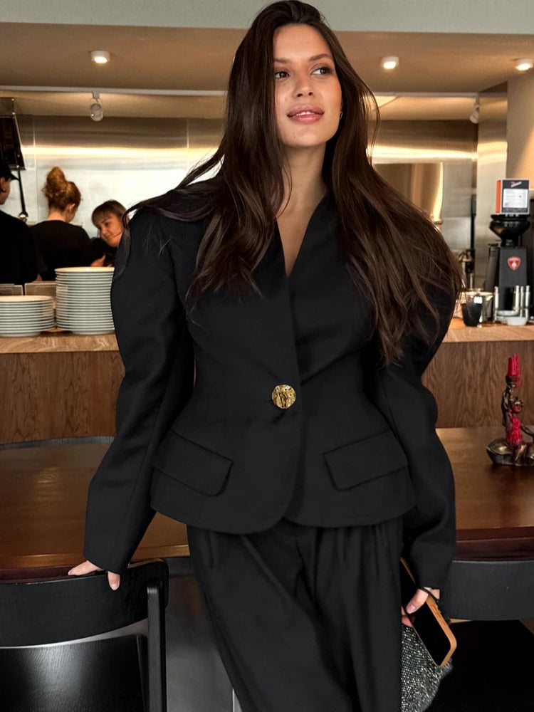Tossy Solid Commute Suit 2 Piece-Set Women's Pants Puff Sleeves V-Neck Cropped Top And High Waist Pleated Pencil Pants Sets New