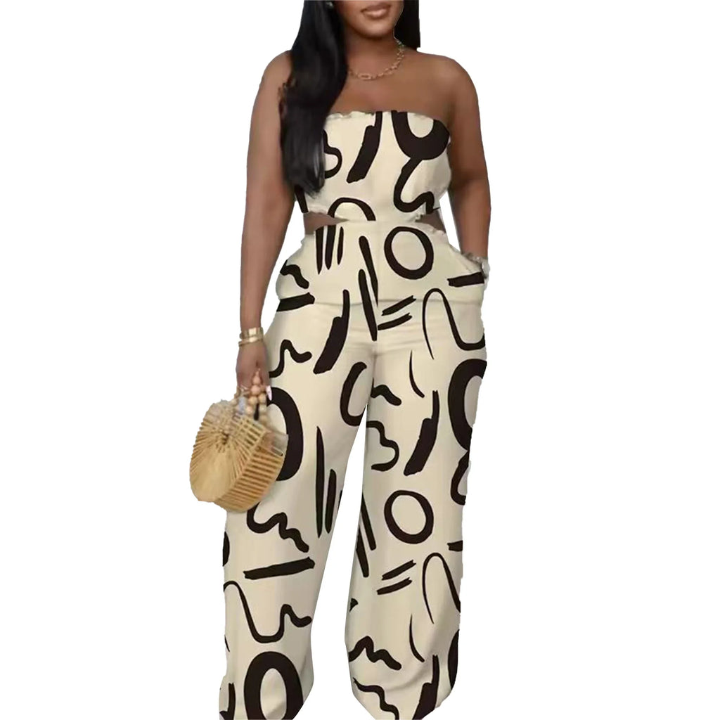 2025 Elegant Sleeveless Hollow Out Casual Style Women Tube Top with Wide-leg Jumpsuit Long Pants