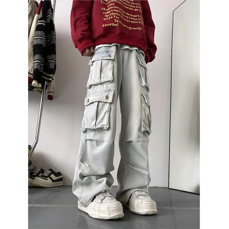 Cargo Jeans Men's Multiple pockets Patchwork Straight Casual Trousers Men Baggy Hip Hop Streetwear Loose Fashion denim Pants
