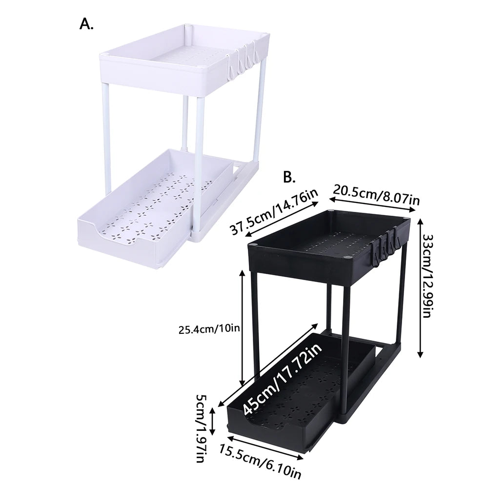 Under Sink Organizer Storage With Hooks 2-Tier Sliding Cabinet Basket Organizer Pull Out Sliding Drawer for Bathroom Kitchen