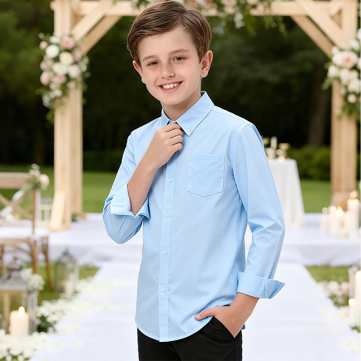 Boys Oxford Shirts Kids Light Blue School Uniform Halloween Chrtimas Easter Church Perform New Year Button Down Dress Clothes