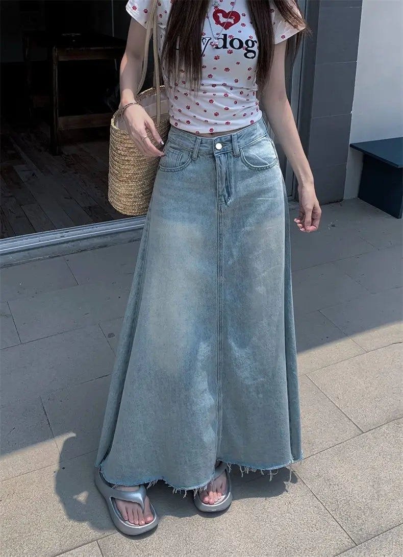 Retro High Waist Washed Denim Mini Skirt for Women plus Size Summer Fashionable Slimming Belly Covering Skirts