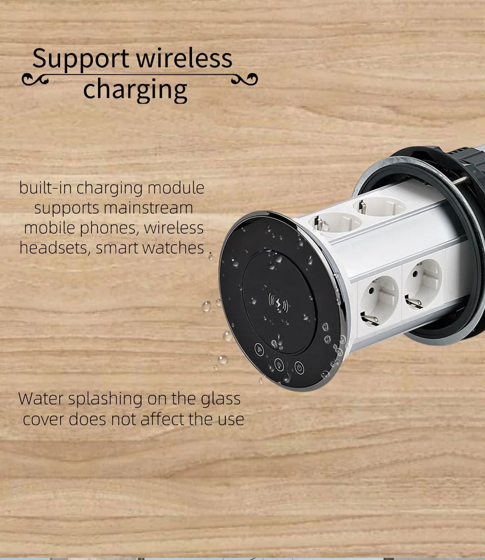 EU kitchen pop-up table socket, with wireless charger Protector intelligent desktop electric socket, automatic electric lift