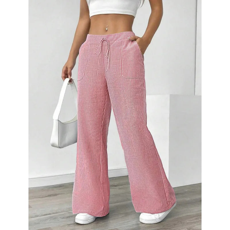 Ladies' Striped Elastic Waist Straight Leg Trousers With Pockets Summer Casual Long Pants Soft Breathable Wide Leg Trousers