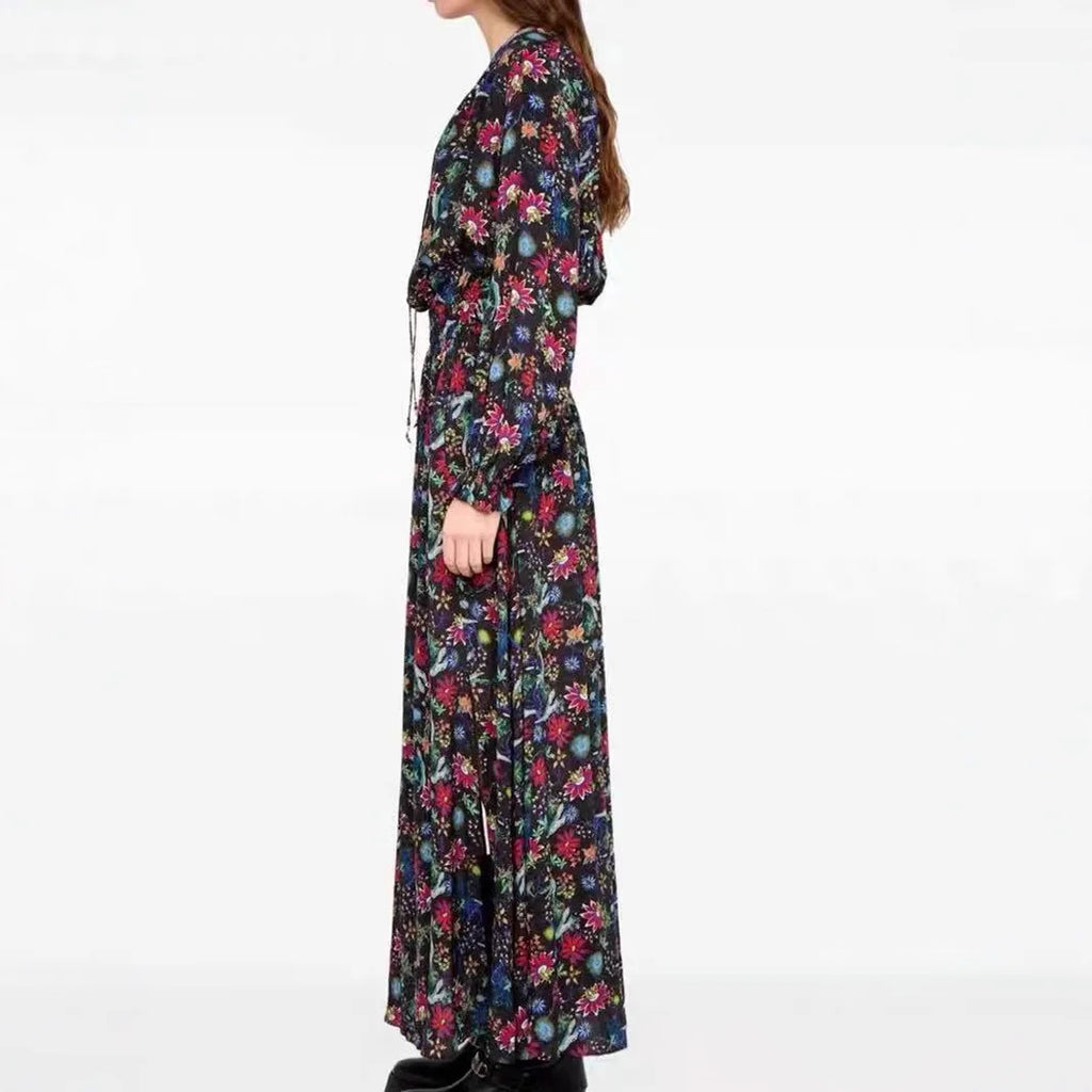 Elegant Black Floral Print Long Sleeve Slimming Dress High Waist A-Line Skirt V-Neckline Silk Fabric Spring Summer New Arrival
