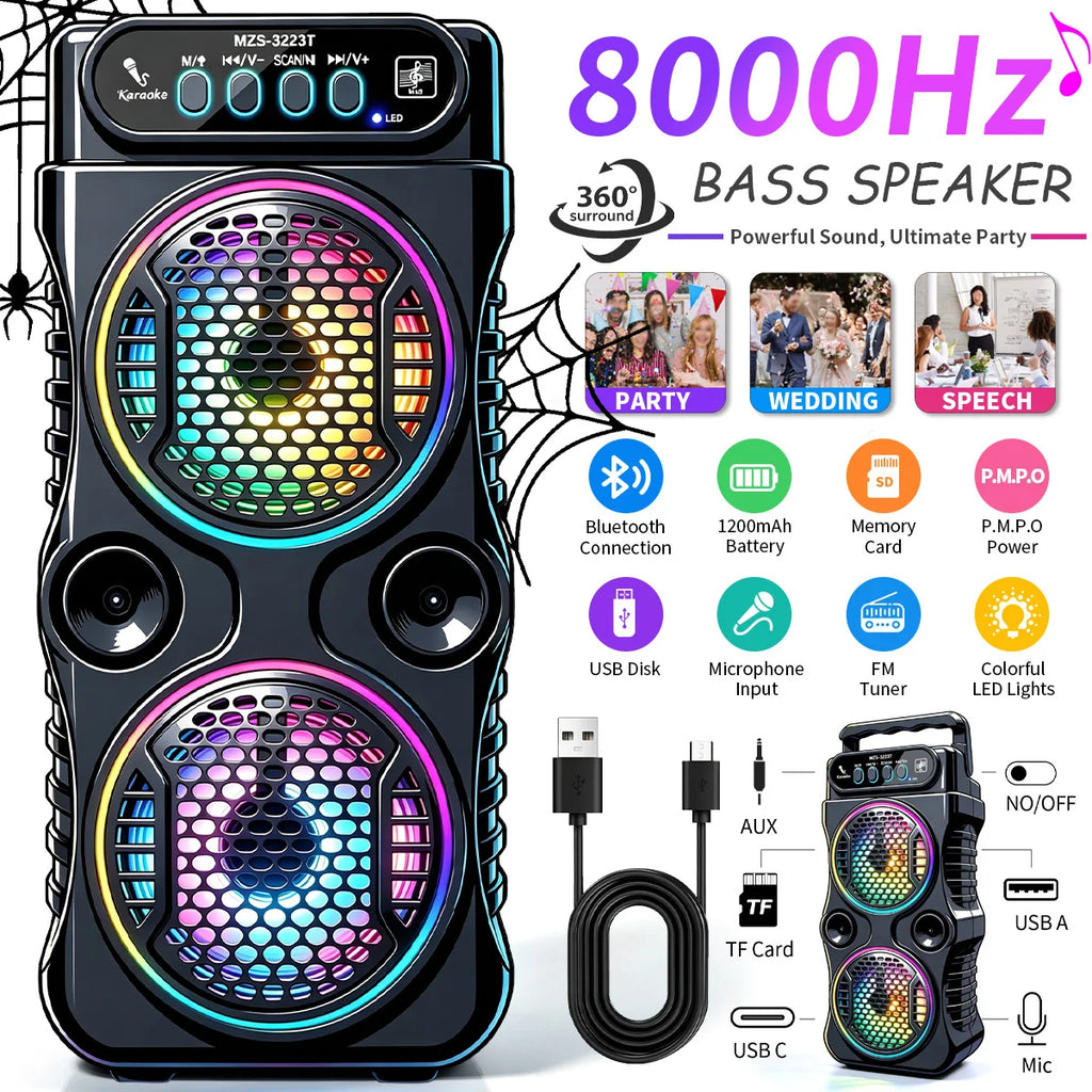 8000Hz portable Bluetooth speaker, outdoor deep bass, wireless dual speakers, microphone support, party audio, dual speakers, 12