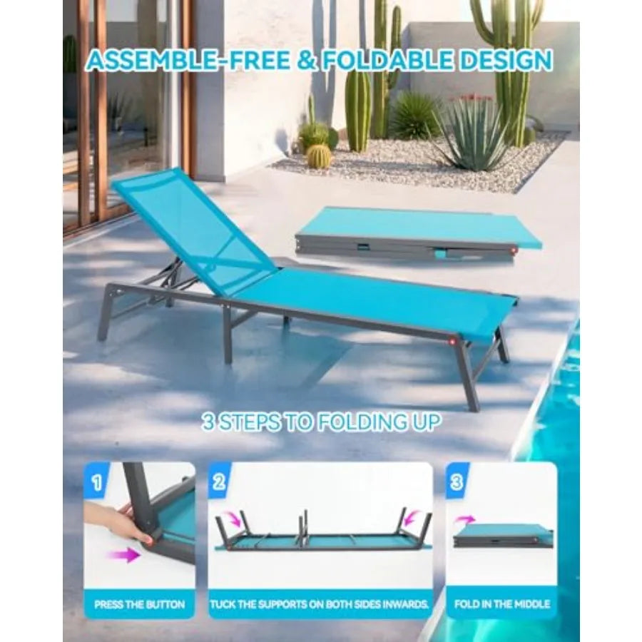 Aluminum Chaise Lounge Outdoor, Foldable Assemble-Free, 5-Adjustable Backrest, Gray/Beige, Lightweight Rust-Resistant for Pools