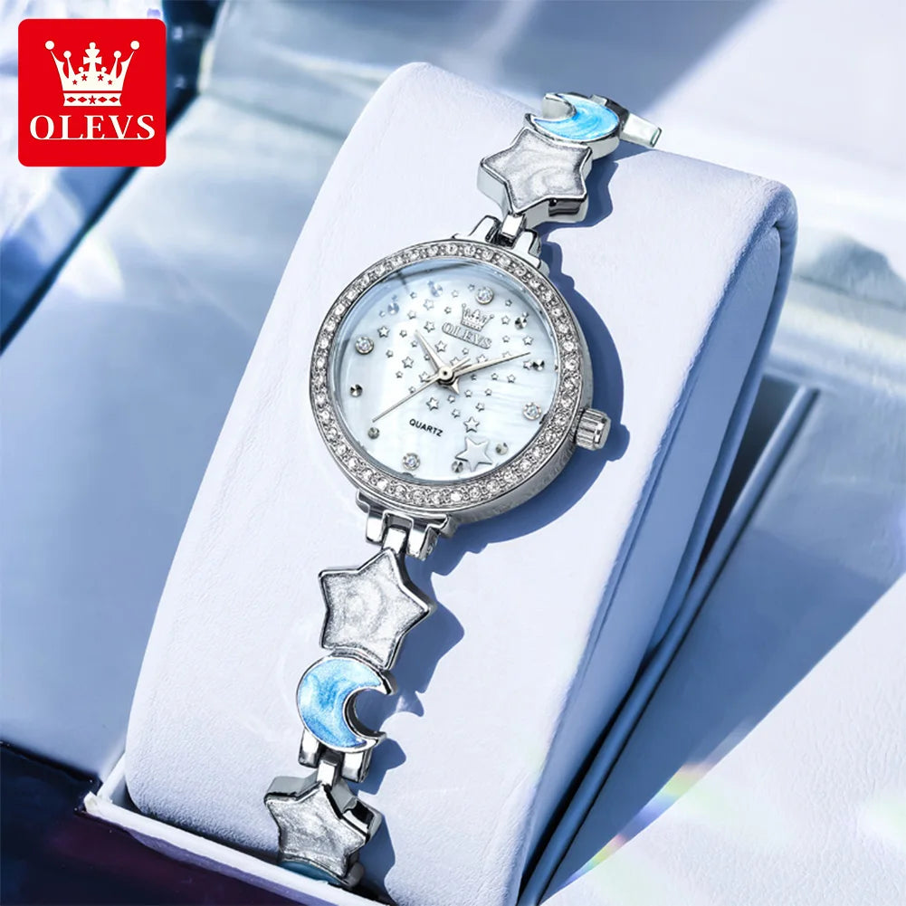 OLEVS Original Quartz Women's Watches Trendy Star Moon Diamond Dial Elegant Ladies Bracelet Wristwatches Luxury Woman Watch 5665