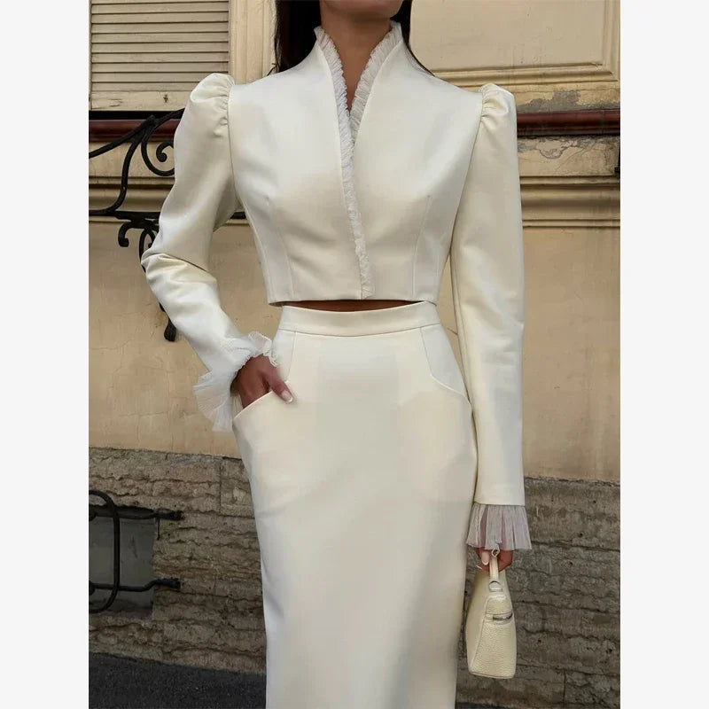 White Women's mesh two piece set Puff Sleeve V Neck blazer two piece dress set Daily Commuter Party  Outfit 2026 Summer Style