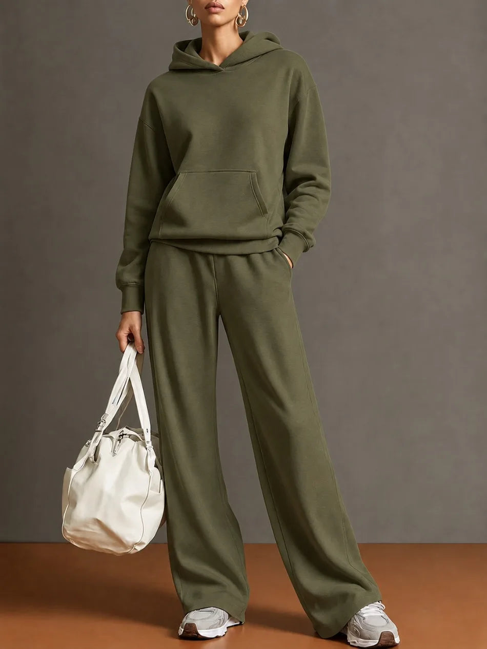 Autumn Fashion Warm Hoodie Sweatshirts Two Pieces Over Sized Solid Casual Hood Pullovers Long Pant Sets Women's Tracksuit Suit