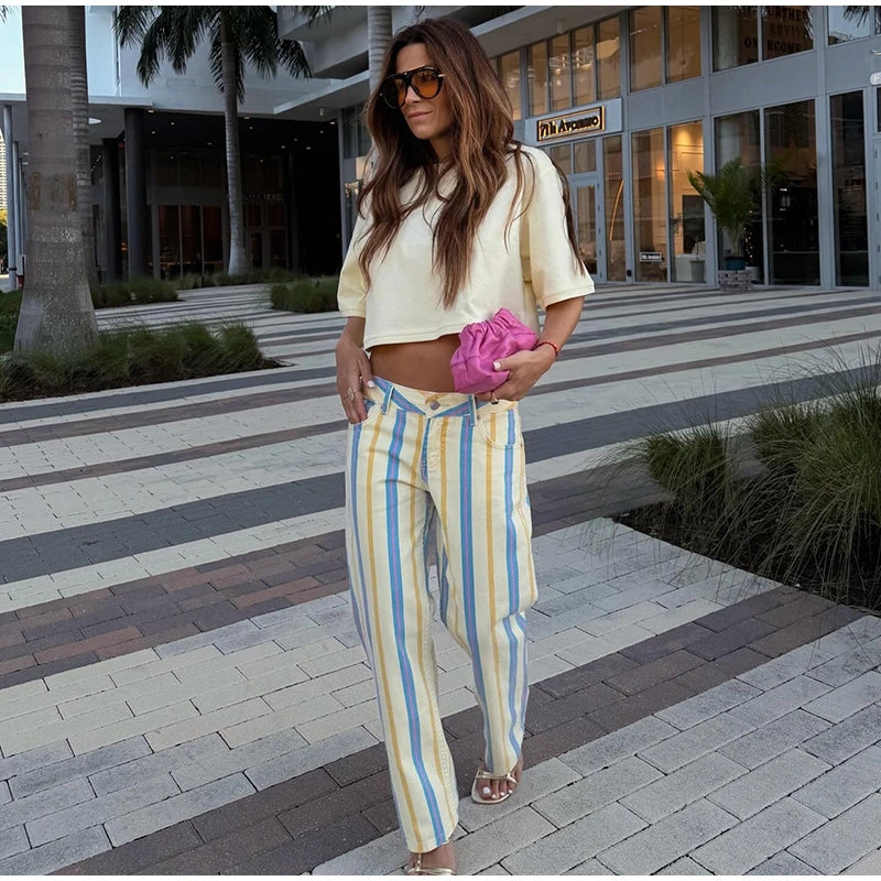 Street Fashion Stripe Women's Pants Zipper Button Pocket Wide Leg Multicolor Vertical Pants 2026 Spring Summer Lady Trousers