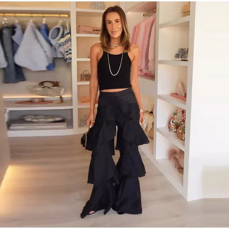 Ruffle Street Cascading Women's Y2k Pants Fashion Elastic Waist Wide-leg Female Trousers 2026 Summer Chic Holiday New Lady Pant