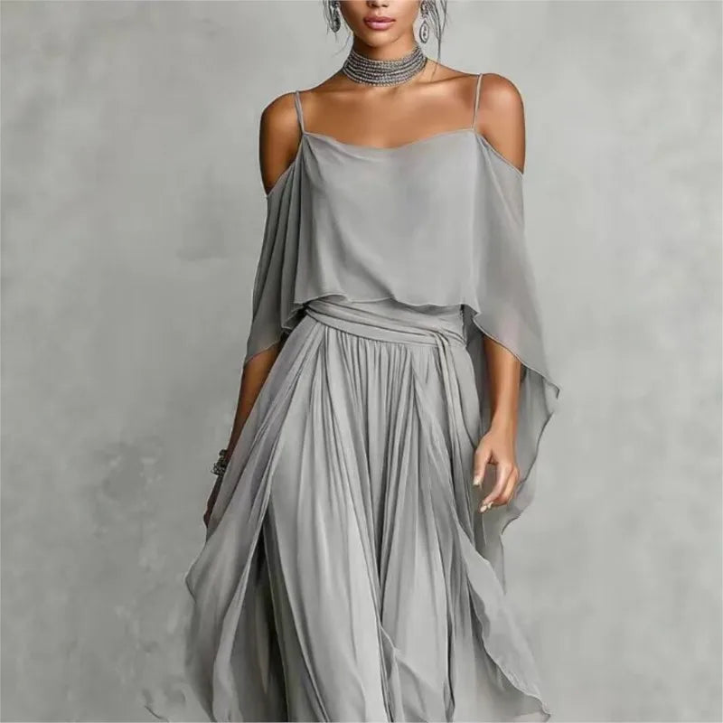 Solid Color Chiffon Two Piece Set Women Casual Off Shoulder Top & Long wide leg pants Set Ladies Elegant Party Suits Outfits