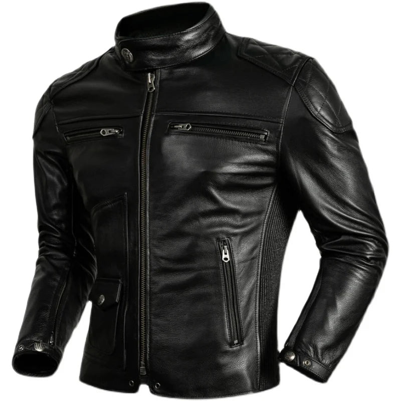 2023 New Top Layer Cowhide  Leather  Jacket Men Black Stand Collar Short Genuine Leather Coat High Quality  Motorcycle Jackets