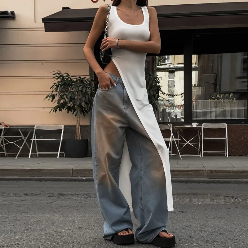 Sexy Sleeveless Side High Split Midi Dress Backless Women's Summer Party Club Streetwear Y2K Style Solid Color