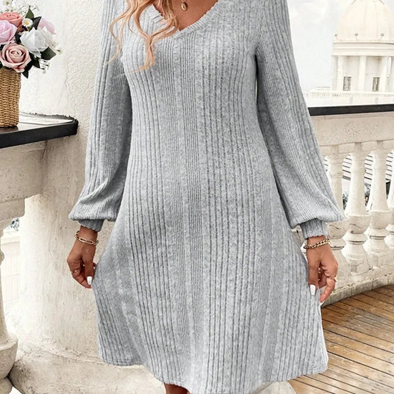 Evening Dress Autumn Winter Knitted Dress Women's V-neck Long-sleeved Slim New Solid Color Dress Vestidos De Mujer Robes Courtes