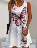Women's Sleeveless Crew Neck A-Line Mini Dress, Butterfly Print,  Casual Summer Daily Dress