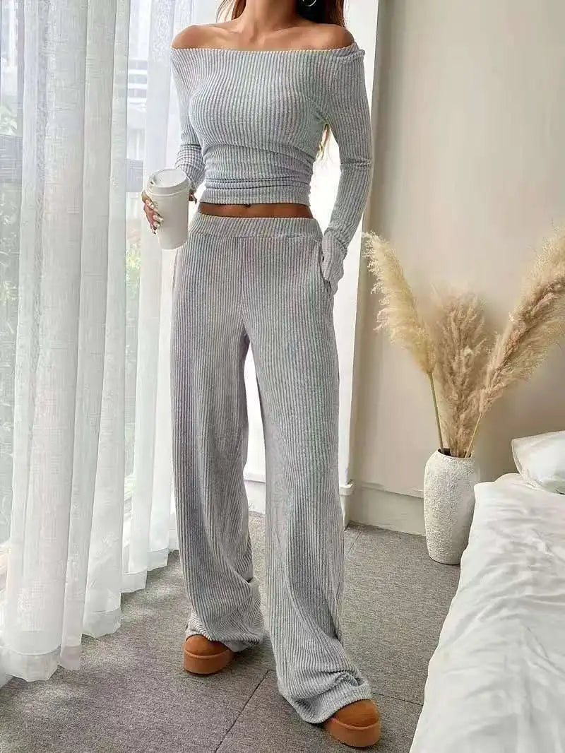 Off Shoulder Ribbed Two Piece Outfit Women Long Sleeve Crop Top Wide Leg Pants Set