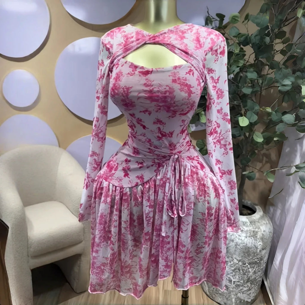 CM.YAYA Women Full Sleeve Print Stacked Ruffles Bodycon Mini Dress Fall Evening Birthday Vacation Party Vestidos Sexy Dresses