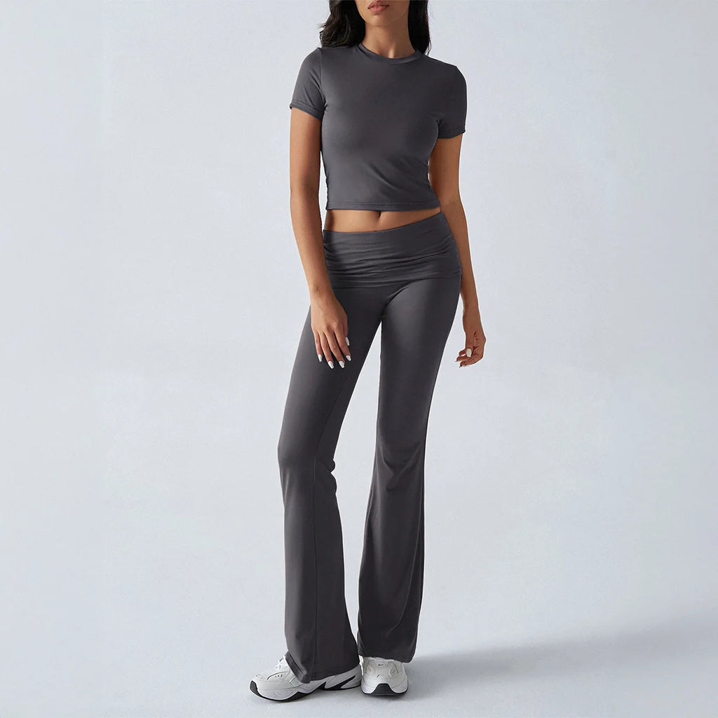 Women's Sexy Tops Suits 2026 Summer Latest Casual Solid Color Yoga Suit Slim Fit Sports Short Sleeved Pants Two-Piece Set Outfit