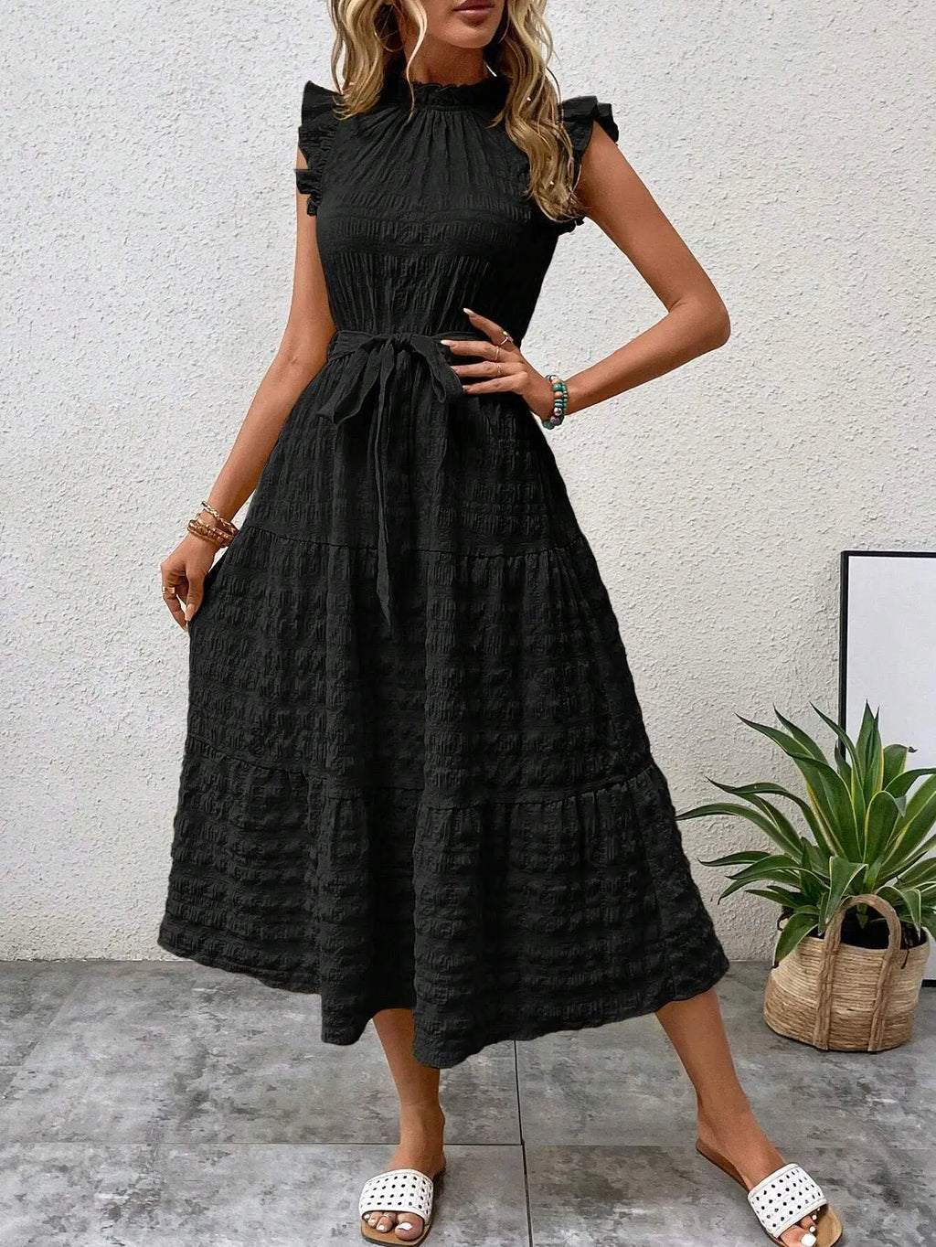 Elegant Women's Summer New Fashion Wooden Ear Edge Flying Sleeve Lace Up Texture Dress Purple  Sleeveless Lace Up Long Dresses