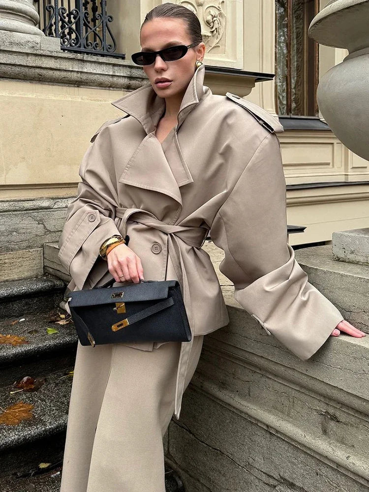 Khaki Lace Up Cape Trench Coat Loose Solid Full Sleeve Lapel Windbreaker 2026 Autumn New Fashion Commute Casual Daily Coats