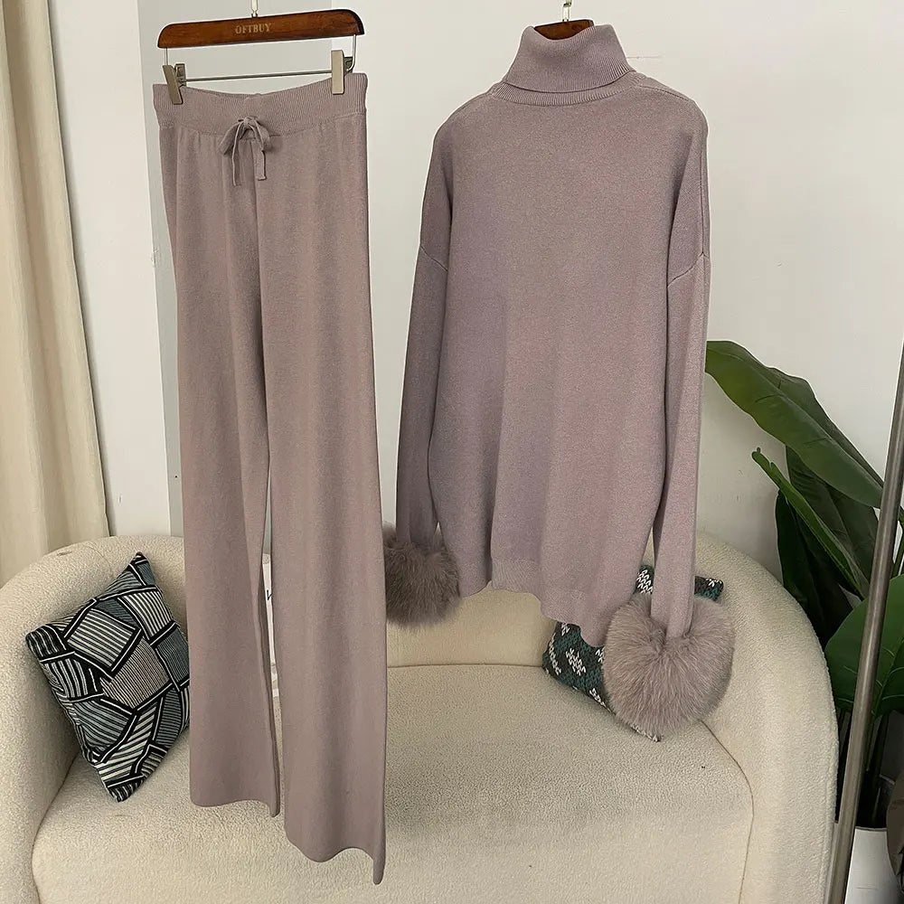 2024 New Fashion Autumn Winter Natural Real Fox Fur Cuffs Coat Knitted Sweater Women Long Pants Set Jacket Thick Warm