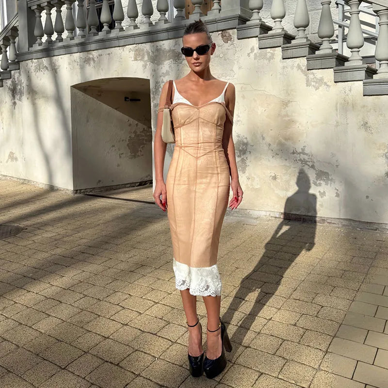 Sheer Mesh Overlay Spaghetti Strap Midi Dress Waist Cinched Sleeveless 2026 Summer Women Accessories Trendy Classy Lady Outfit