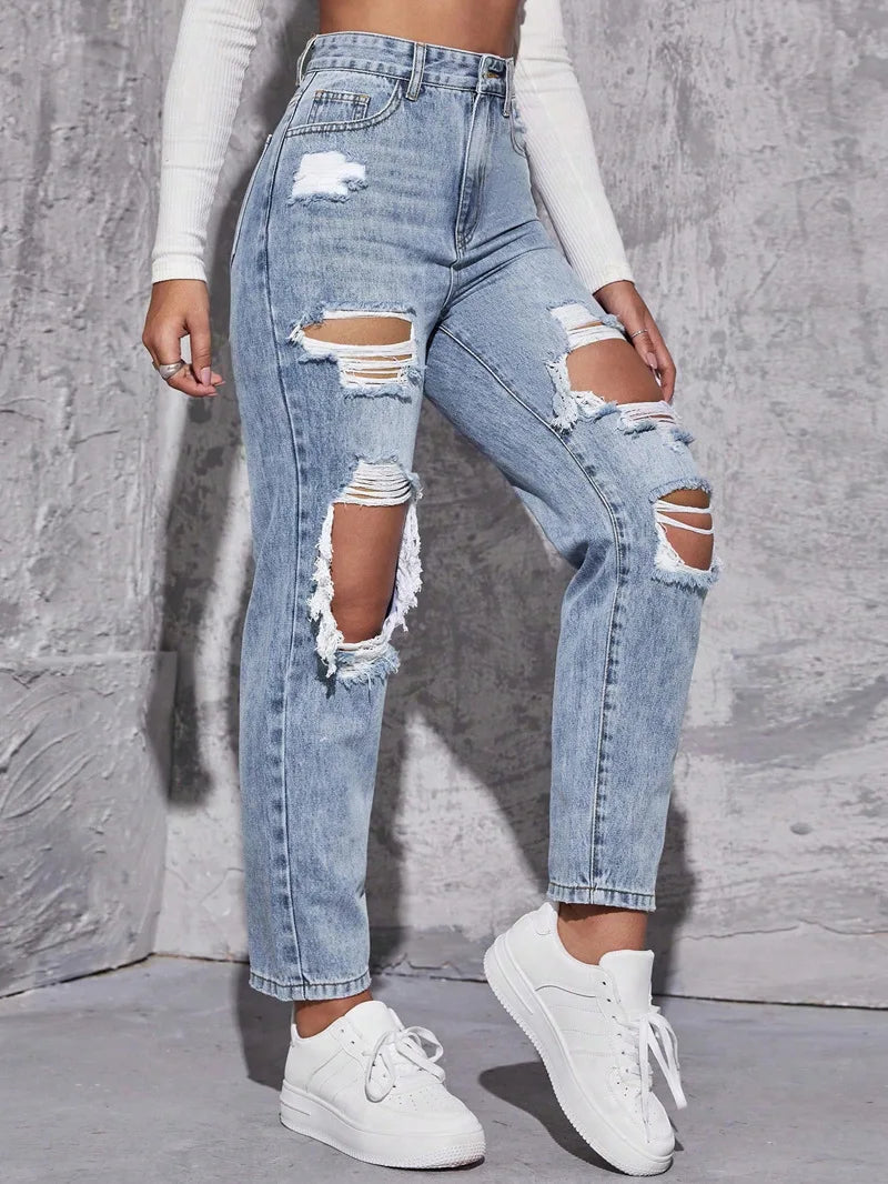 Women's High Waist Ripped Denim Jeans with Distressed Knee Holes and Straight Leg Fit for Casual Streetwear Fashion