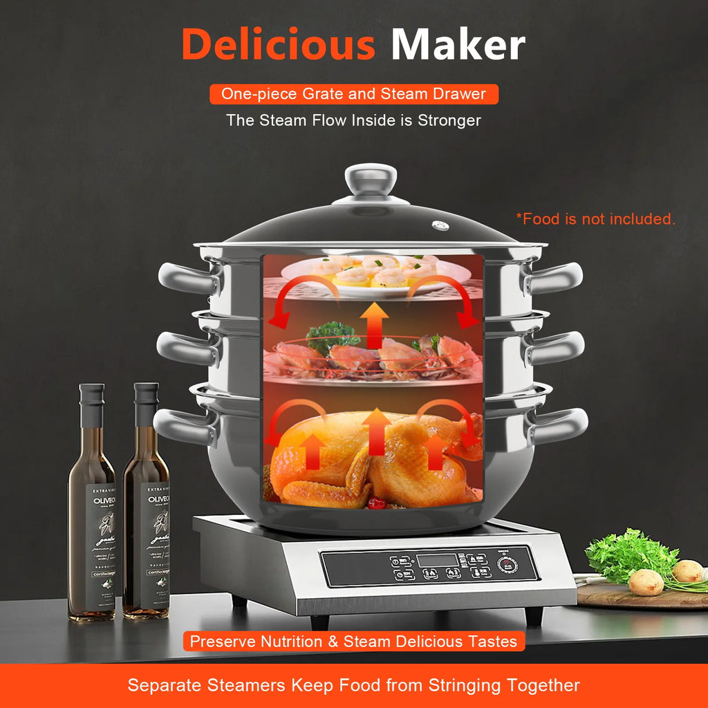 28CM Multi-Function 3 Tier Cook Food Veg Pot Large Stainless Steel Steam Cooker Steamer Kitchen