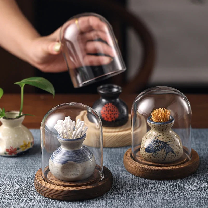 Japanese Retro Toothpick Box Home Toothpick Cotton Swabs Jar Ceramic Pot Glass Dust Cover Modern Exquisite Decoration Modern