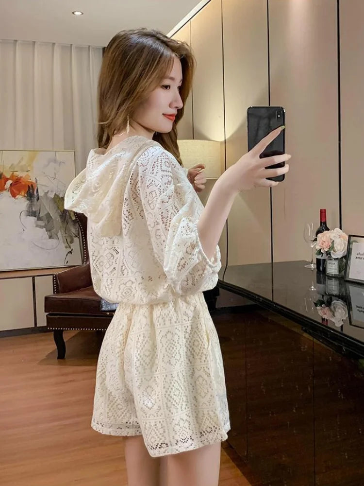 Short Sets for Women 2 Pieces Office Apricot Lace Woman Shorts Full Novelty in New Products Stylish Vacation Outfits 2025 Light
