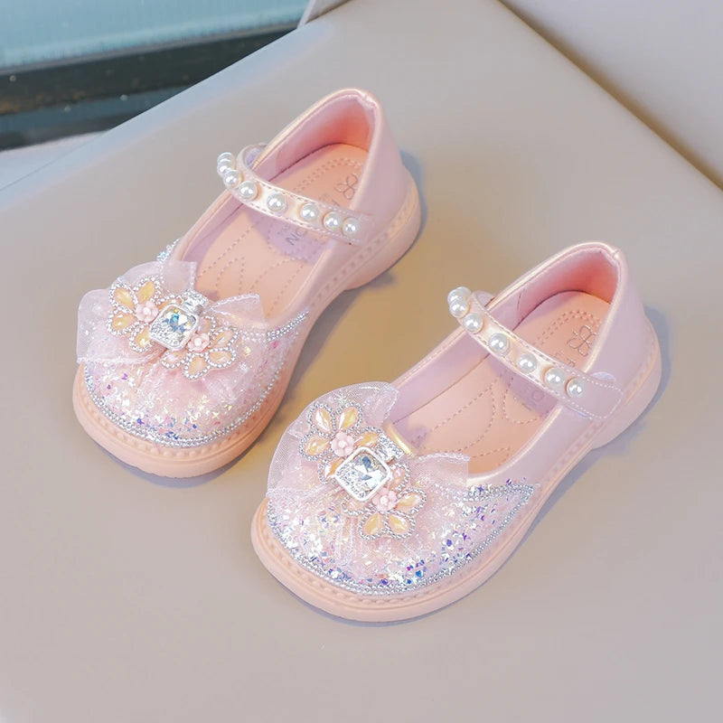 Spring and Autumn Fashion Princess Pearl Elegant Casual Shoes Hot Selling Lightweight Children's Comfortable Bow Soft Flat Shoes