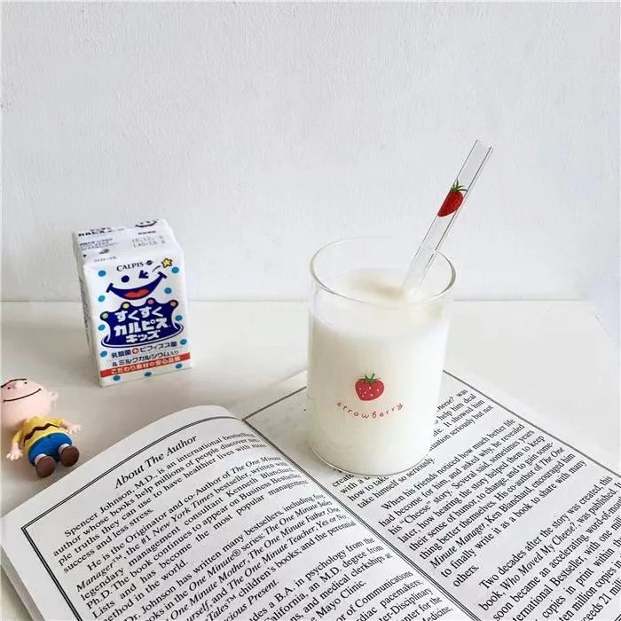 300ml 10oz High borosilicate Nana Cute Strawberry Water Milk Drinking Glasses Cup With Straw