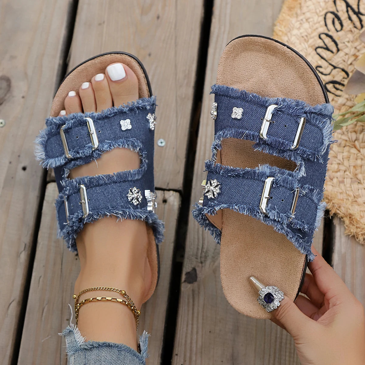 Denim Women Slippers Buckled Fringe Hem Double Strap Slippers Comfortable Sandals Slip-on Beach Shoes Ladies Casual Slides Women