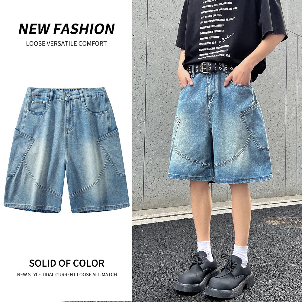 2026 Summer New Baggy Denim Shorts Fashion Casual Straight Harajuku Jeans Male Vintage Wash Drawstring Short Pants Streetwear