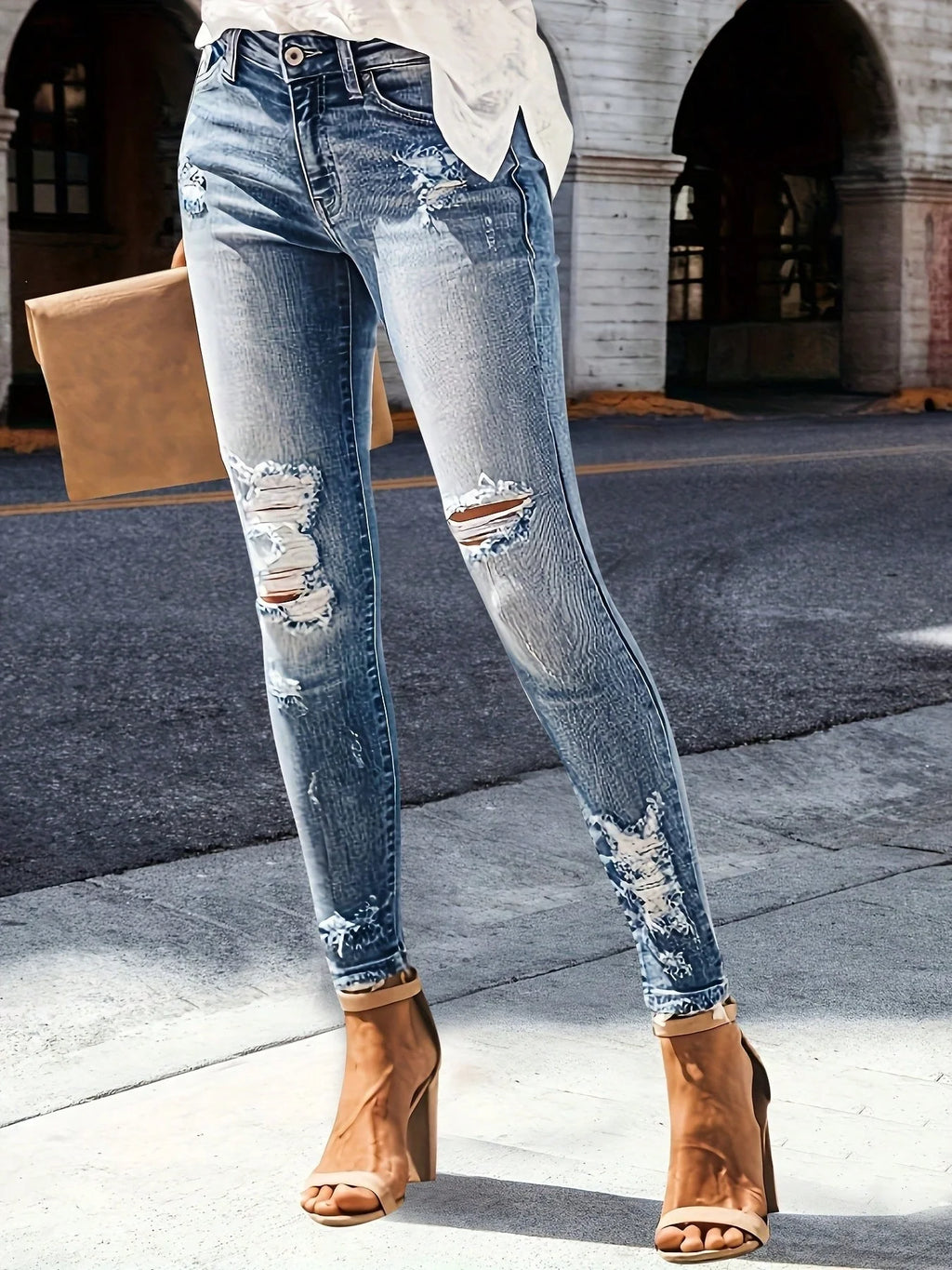 Women's Casual Elegant Party Solid Color Washed Cat Whisker Pattern Denim Ripped Skinny Jeans Tapered Pants Simple Daily Wear