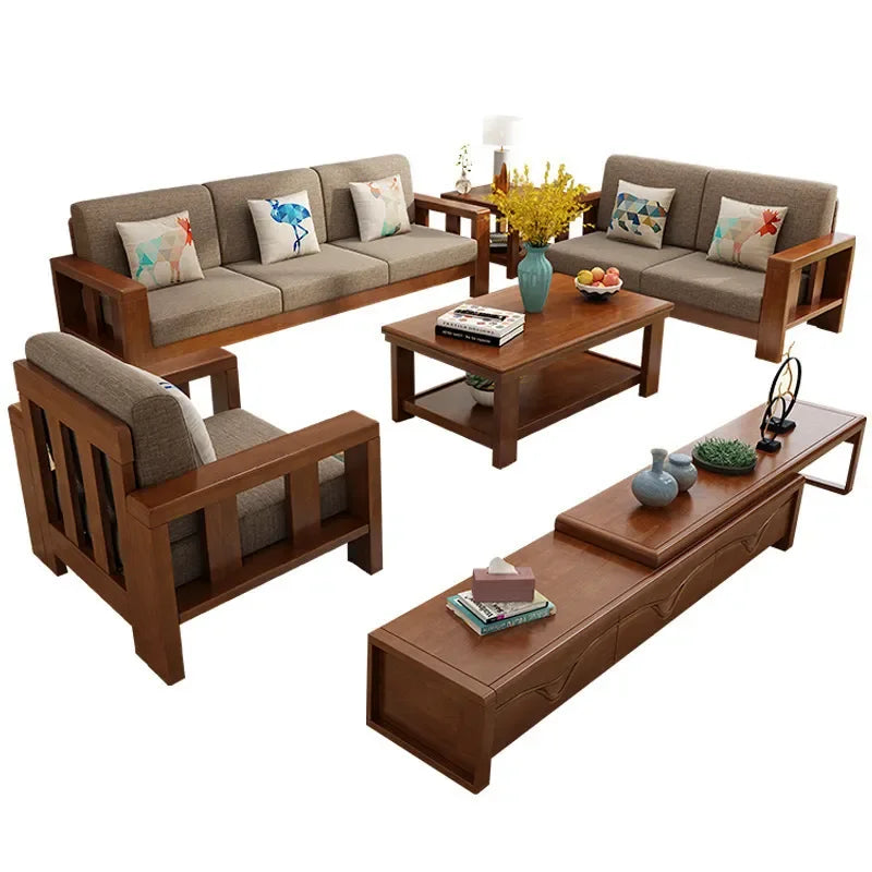 Compact Rubber Wood Solid Frame Sofa Set for Living Room Small Apartment Rental B&B Space Saving Durable Home Furniture