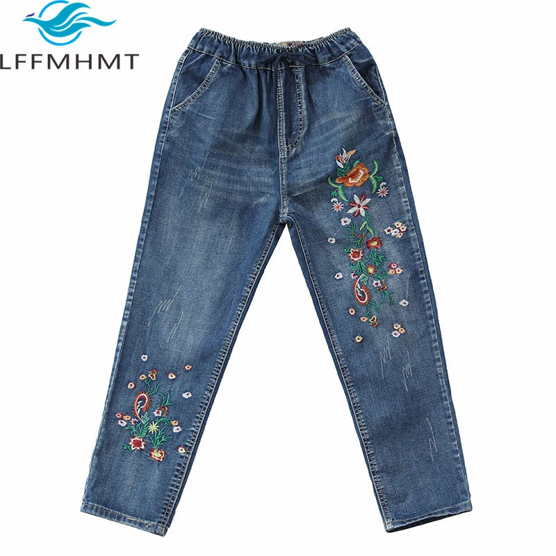 Women's Denim Pants Vintage Flower Embroidery Chinese Hand Work High Quality Casual Loose Jeans China Clothing Factory Wholesale