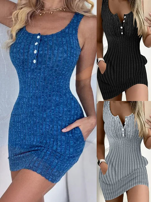 For Spring  Summer  Women's Clothing Button Front With Pocket Tank Dress  Elegant Sleeveless Bodycon Dress