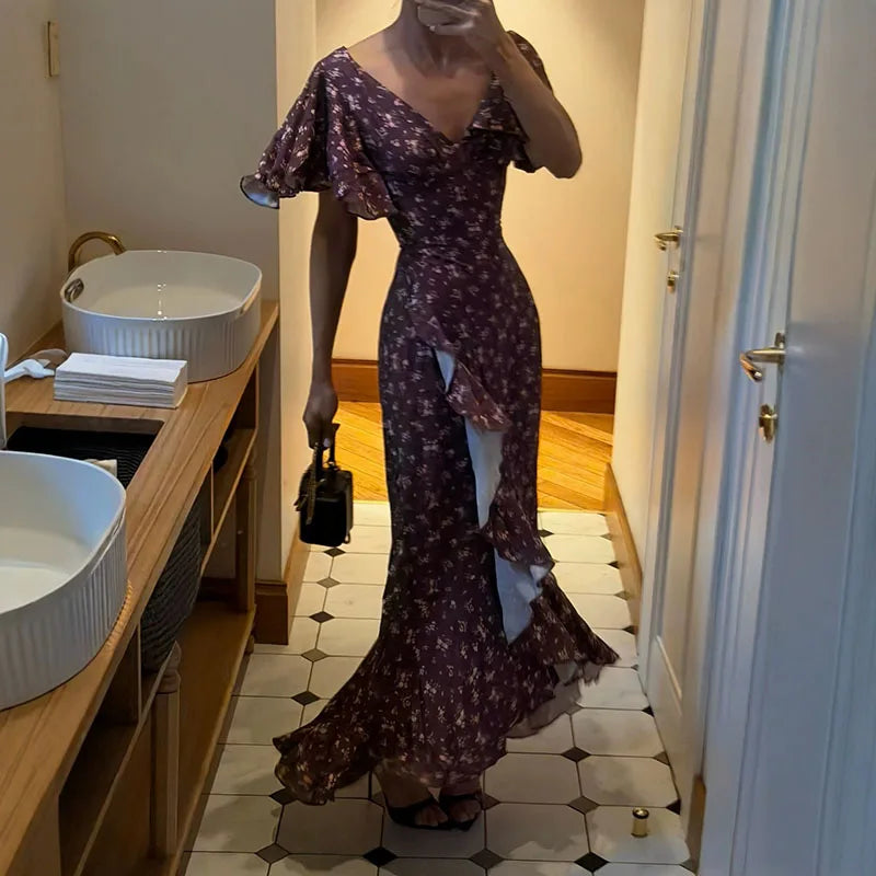 Elegant Women's Printed Lotus Leaf Long Dress Slim High Waist V-neck Short Flared Sleeve Backless Slit Dresses 2026 Summer Robe