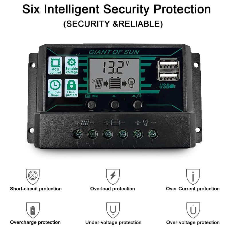 Solar Charge Controller 100A PWM LCD Display 12V/24V Dual USB 5V Output Panel Battery Regulator Intelligent