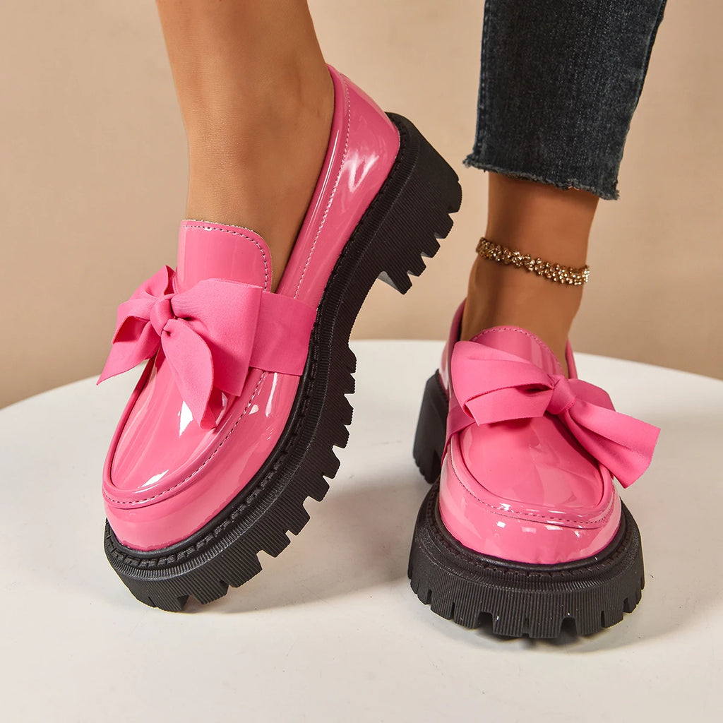Women's British Style Loafers bowknot Chunky Heel Leather Flats Autumn Slip-On Shoes Versatile Work Shoes Platform Oxford 636