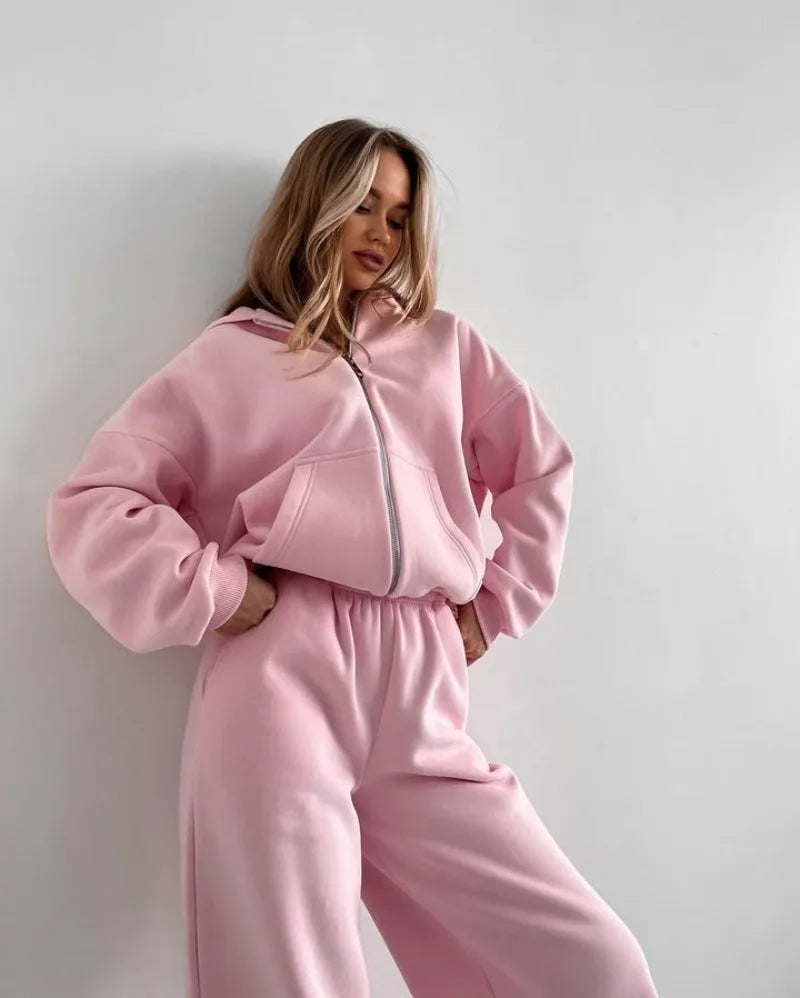 Women's Casual Suit Solid Color Long Sleeve Hooded Cardigan Pocket Sweater Elastic Pants Two-piece Set