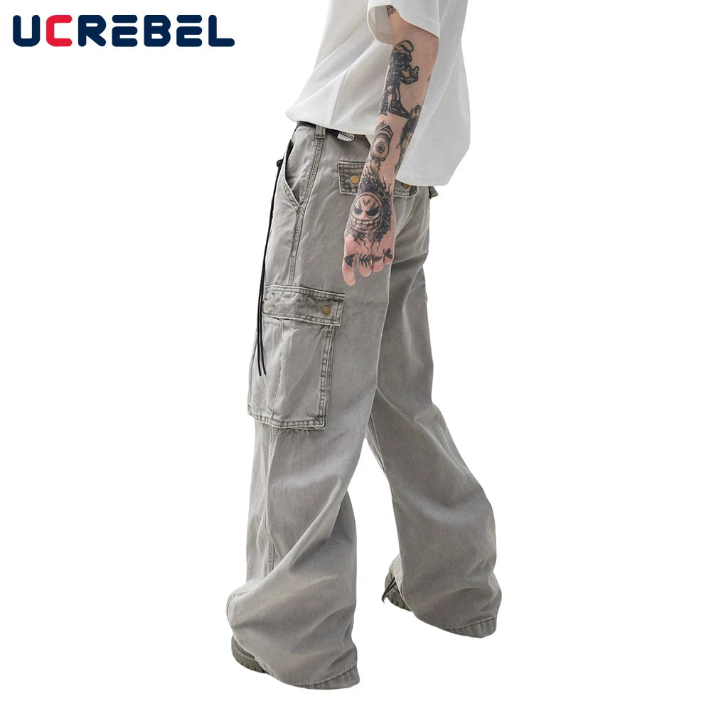 Multi-Pocket Cargo Jeans Mens Retro High Street Washed Distressed Straight Wide Leg Trousers Men