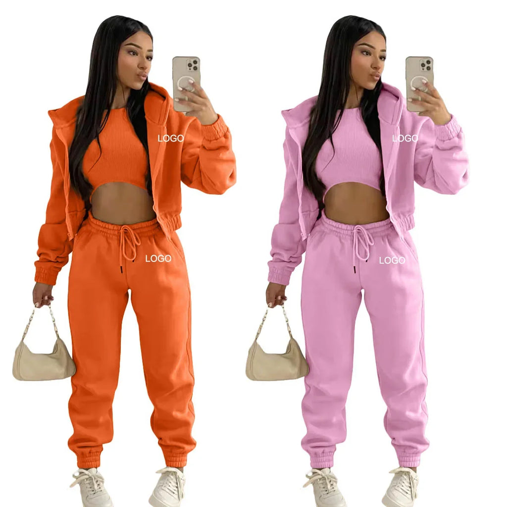 custom women's clothing plain winter hoodie joggers pants 3 piece pants set training wear womens sweatpants and hoodie sets