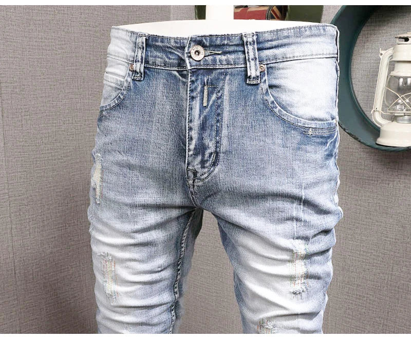 Streetwear Fashion Men Jeans Retro Light Blue Elastic Slim Fit Ripped Jeans Men Embroidery Designer Vintage Casual Denim Pants