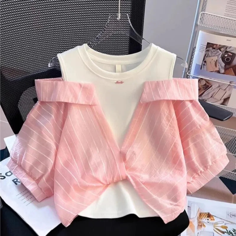 Girls' Western Style Loose Fitting Shirt 2026 New Children's Off Shoulder Top T-Shirt Fake Two-Piece Top