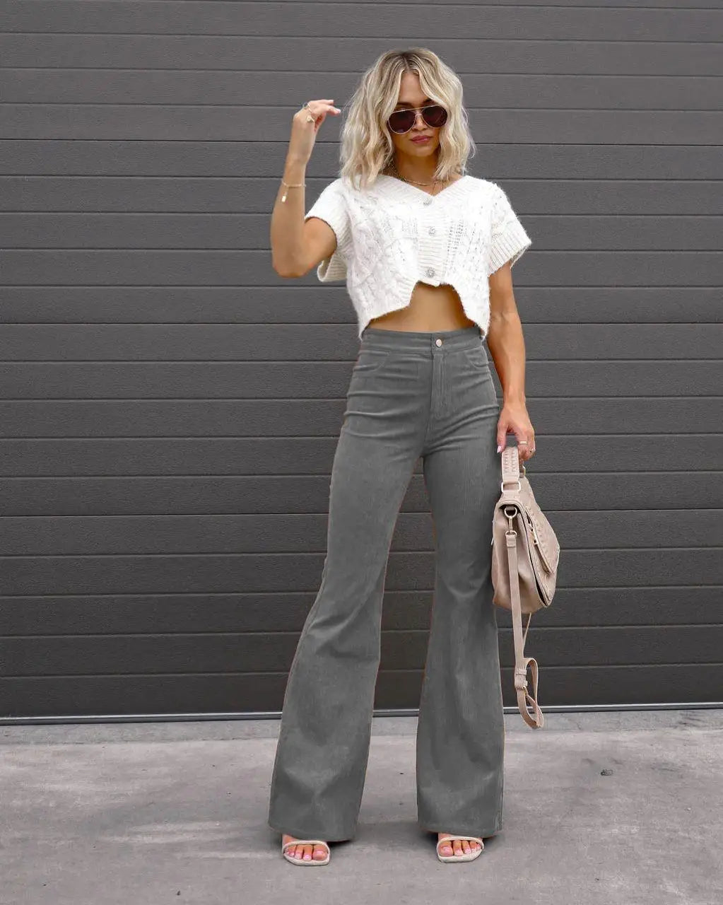 Fashionable Retro Women's Slightly Flared Pants Autumn And Winter Solid Color High Waist Button Slim Pants For Dating And Office